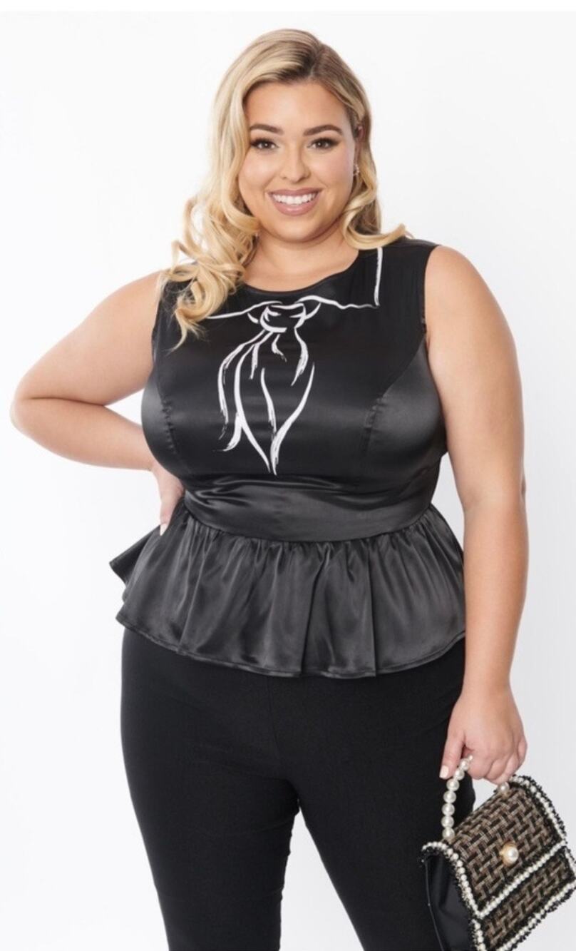 Unique Vintage Black Satin Trompe Loleil Bow Peplum Blouse Top 3X NWOT